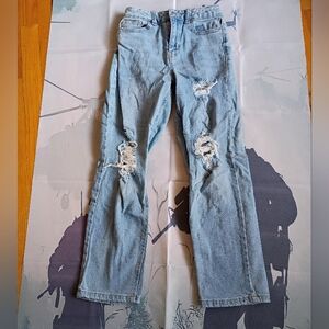 Evsie Girls Straight Jeans 10 LONG Light Blue Ripped Denim, Light Wash